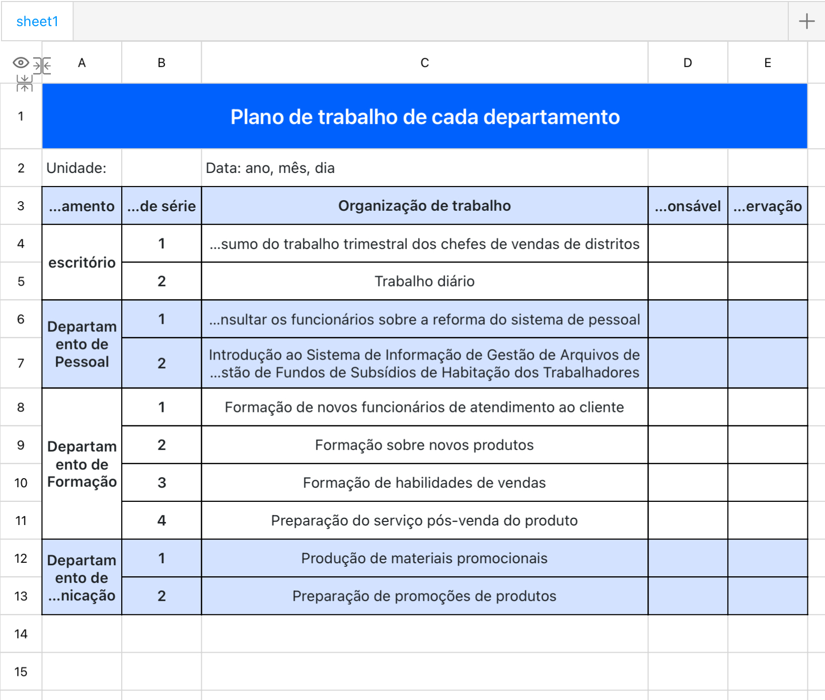 Plano de trabalho de cada departamento